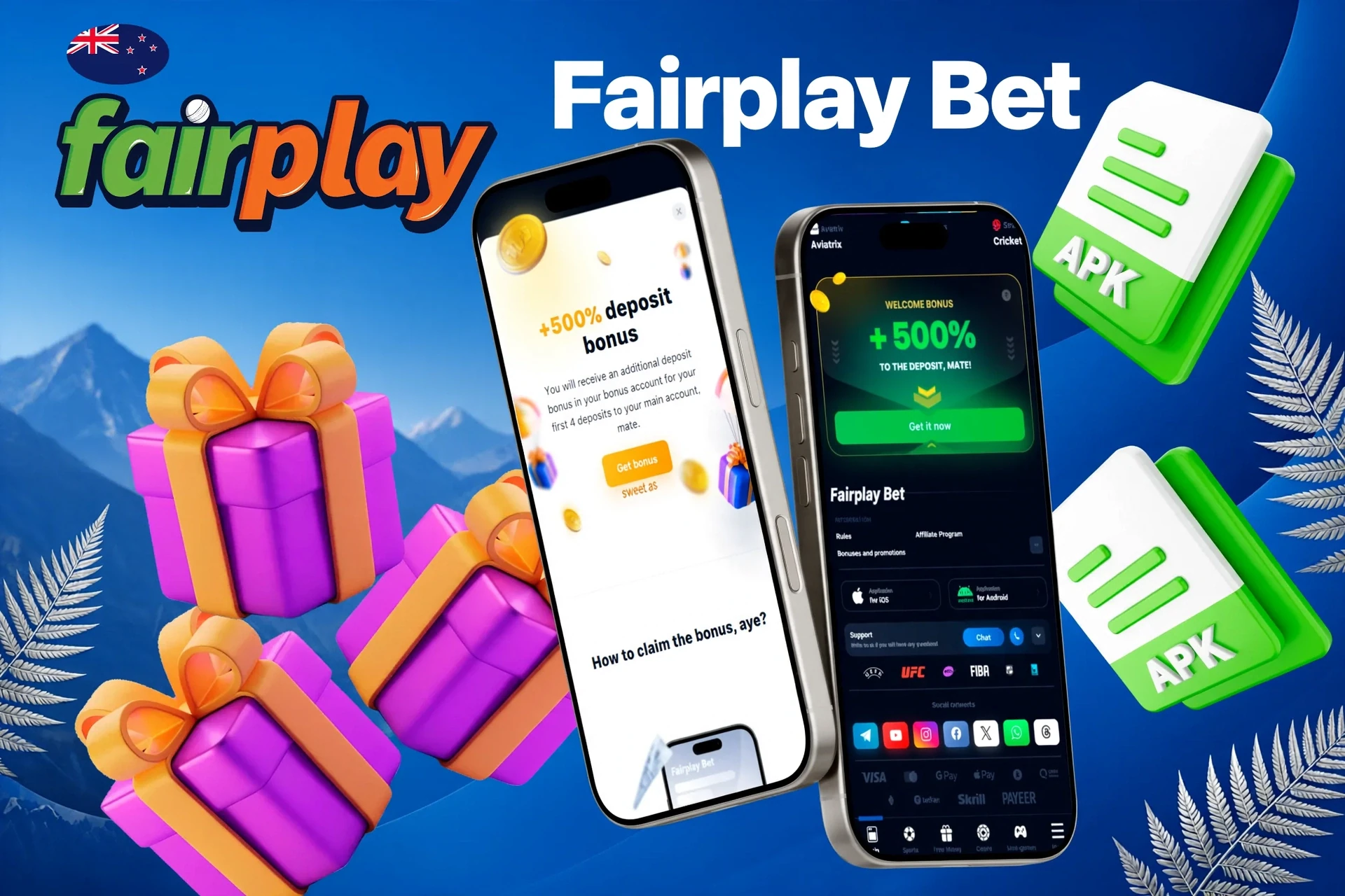 Fairplay Bet mobile app promotion with free bet offer and gift box illustration