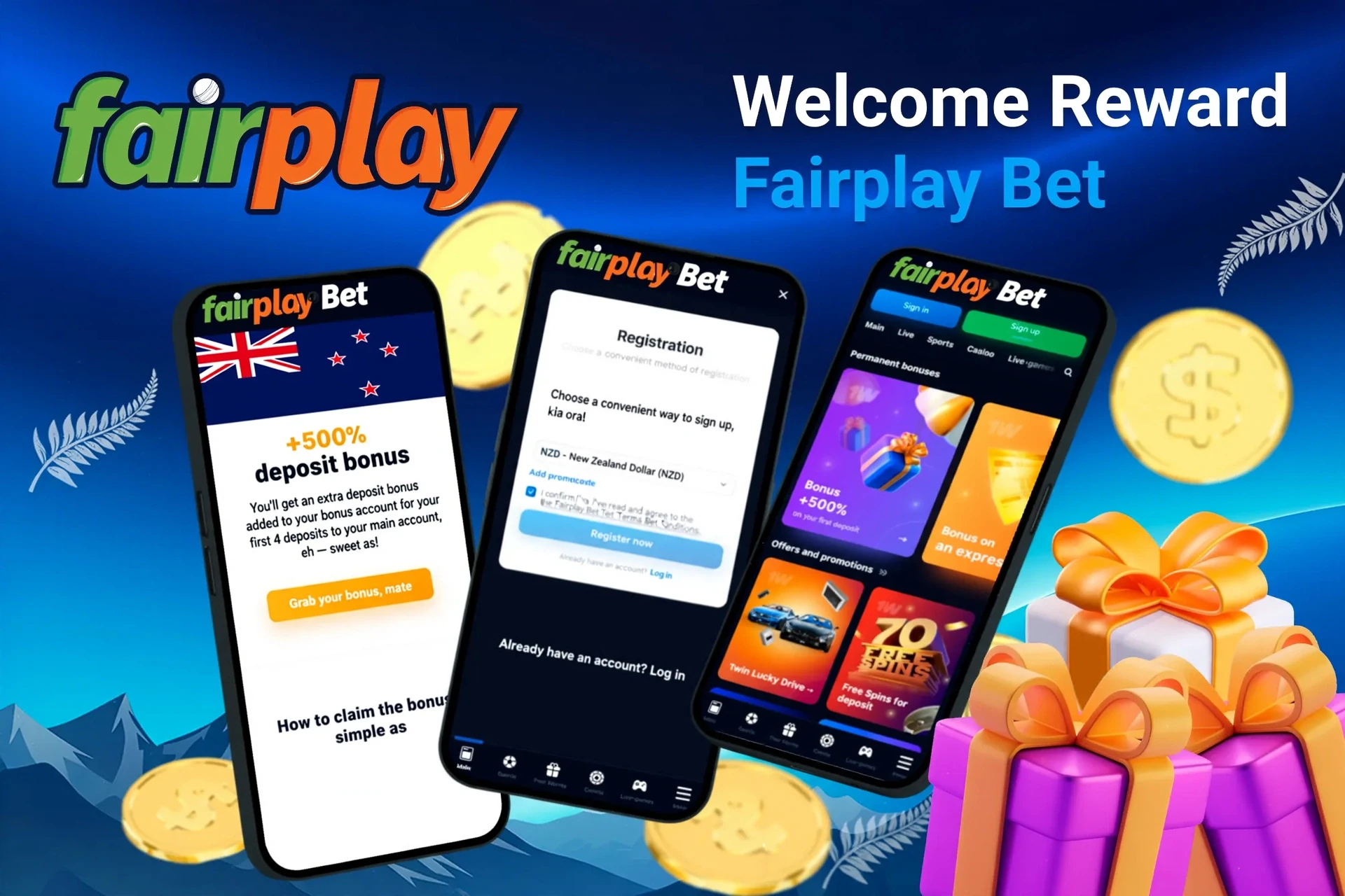 Mobile screens displaying Fairplay Bet registration and 500% deposit bonus with gift boxes