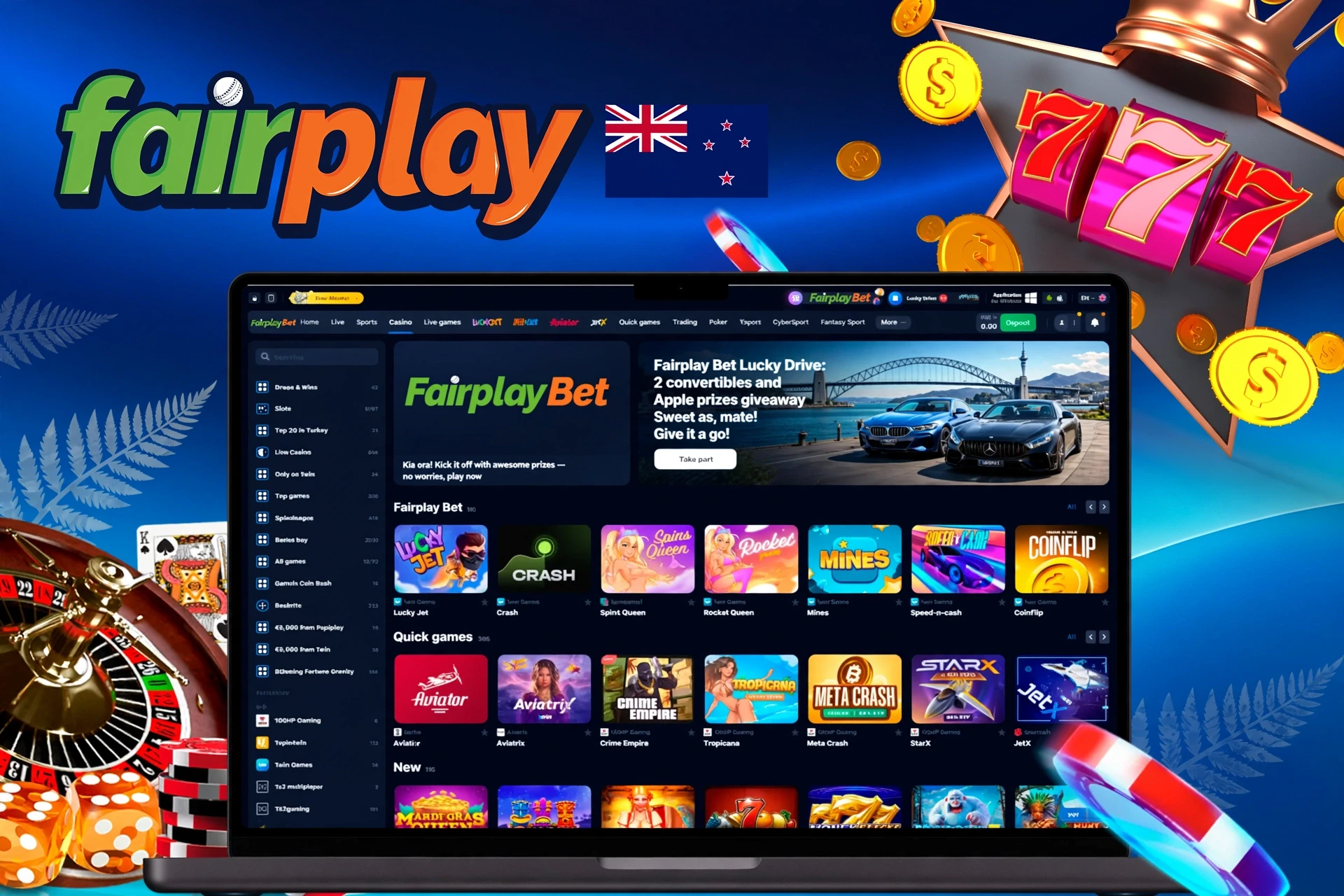 Casino homepage with various slot and crash games, including Lucky Jet and Blazing Crown — Fairplay Bet UK