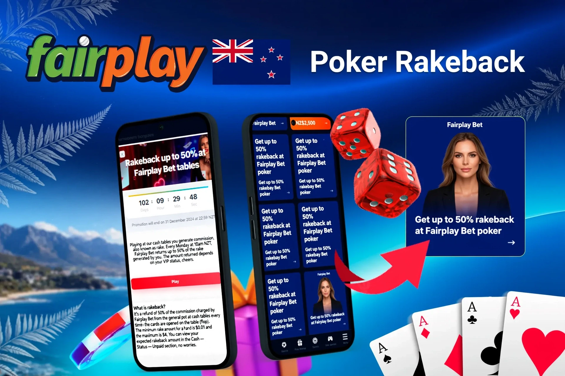 Mobile app with 1Win poker rakeback offer up to 50%, red dice, and playing cards