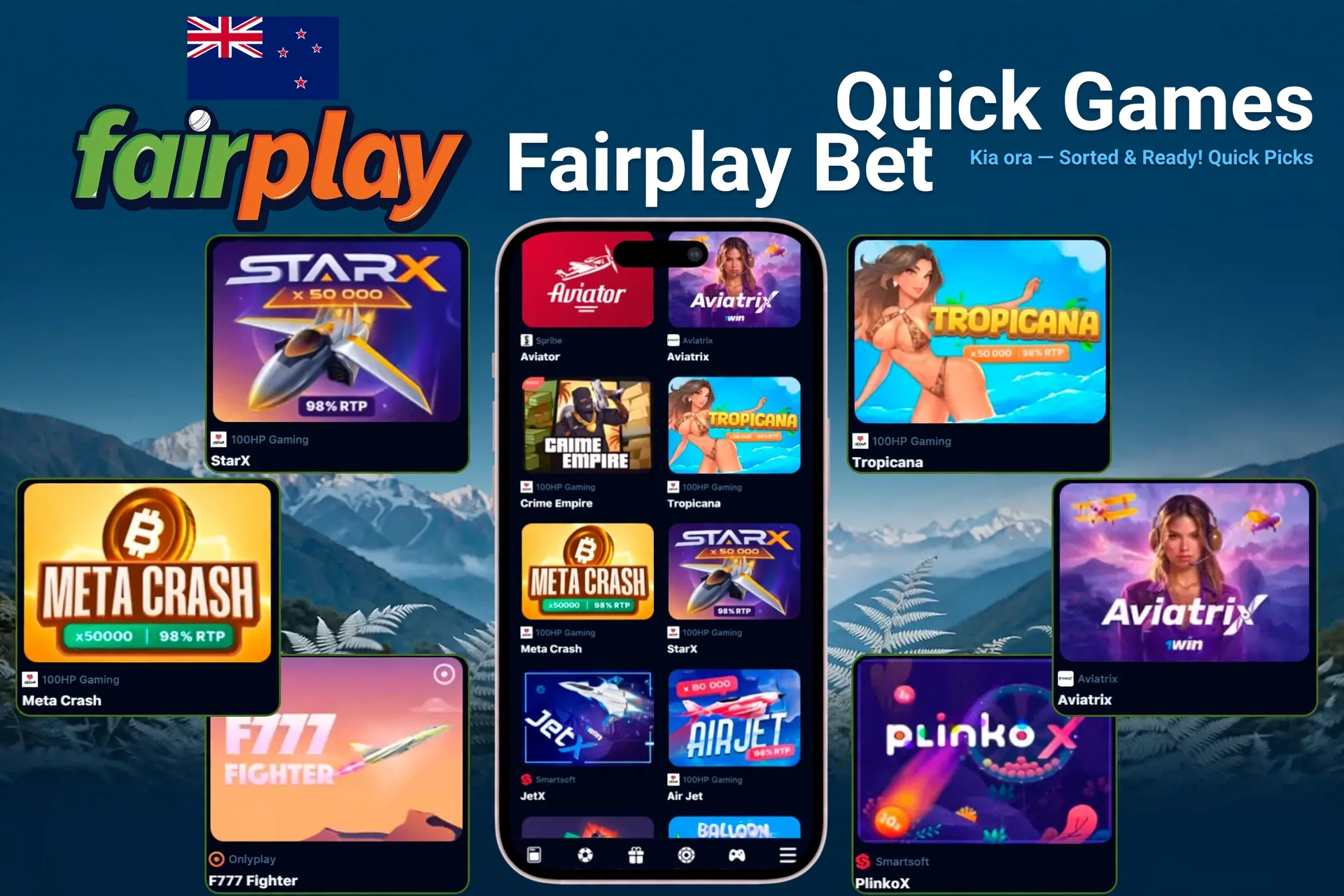 Quick game titles such as StarX, Tropicana, Meta Crash and PlinkoX highlighted on mobile screens