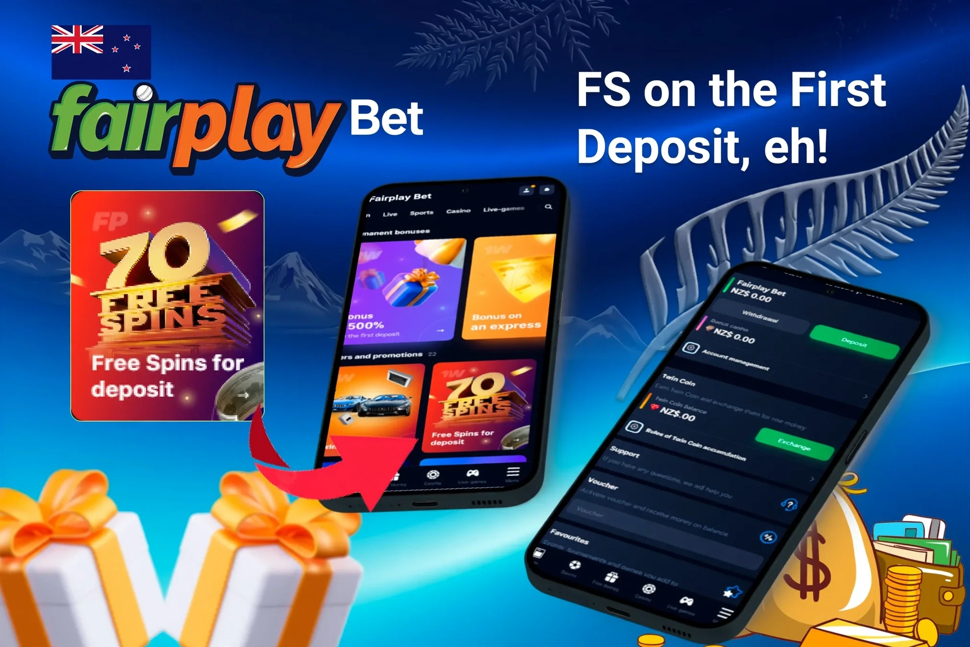 Mobile app showing casino game offers like loyalty program and free spins with poker chips and cards