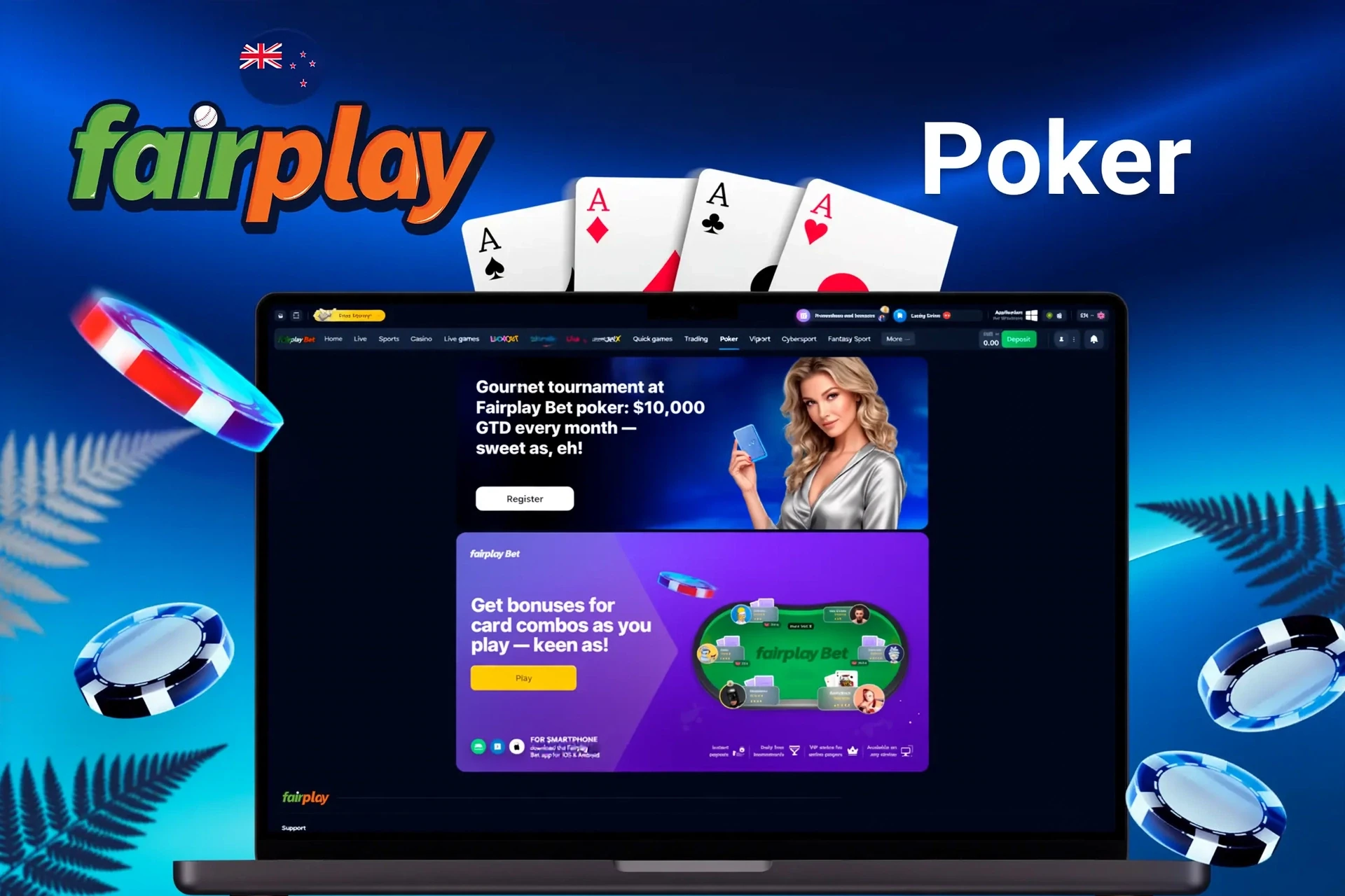 Fairplay Bet poker promotion featuring a gourmet tournament with £10,000 guaranteed prize and bonuses for card combos