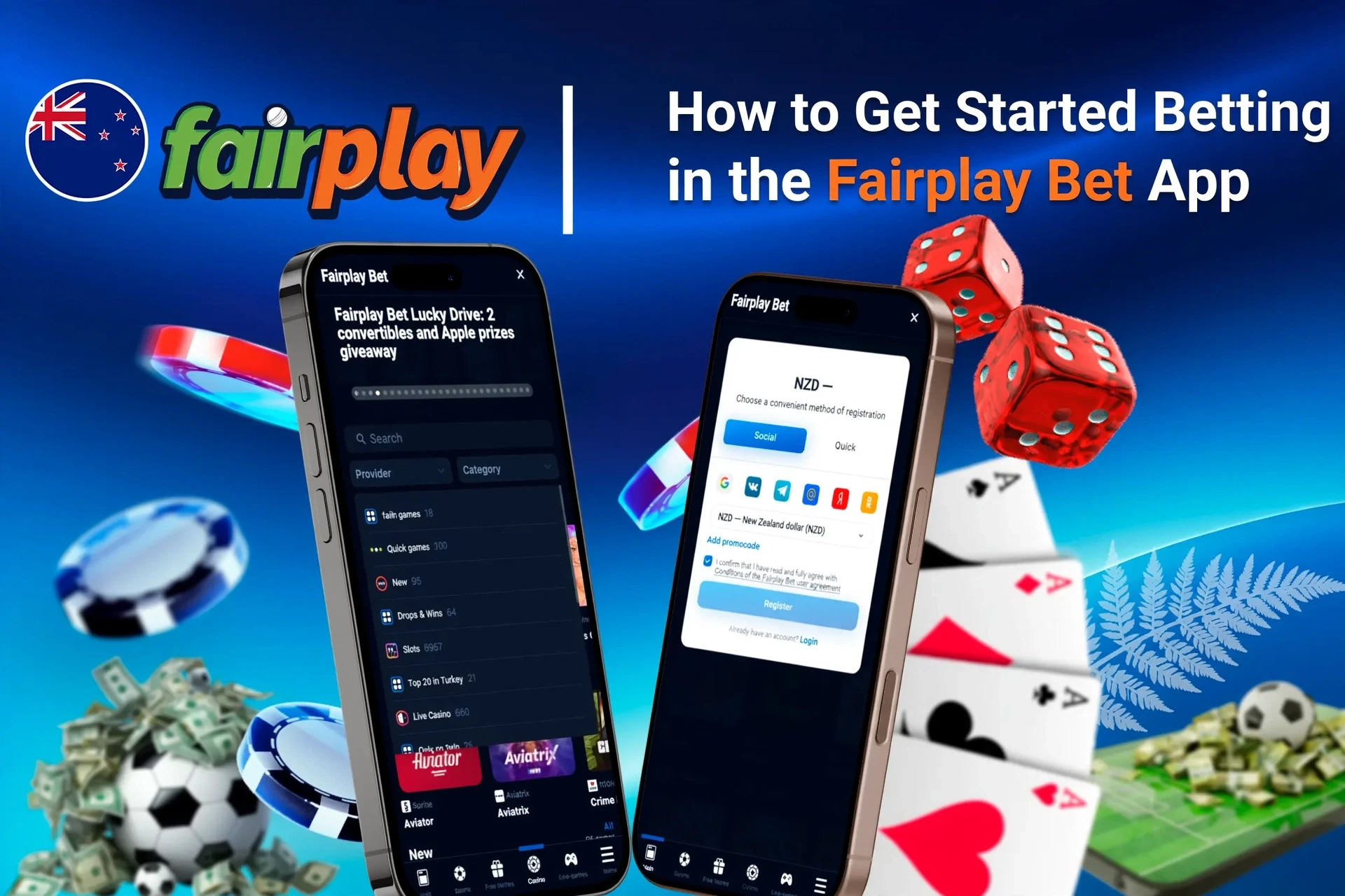 Step-by-step guide to starting betting on the Fairplay Bet app, with registration and game selection shown on mobile screens