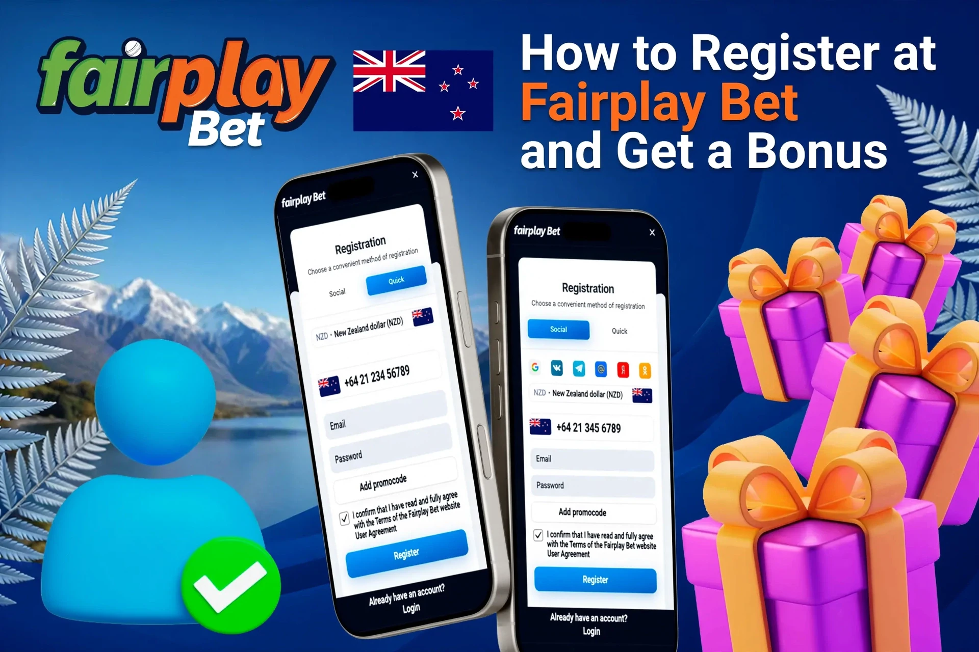 Mobile registration page for 1Win showing bonus offers with purple and gold gift boxes