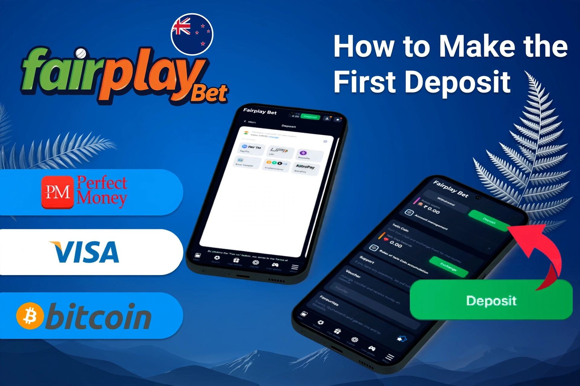 mobile app with deposit options including Perfect Money, Visa, and Bitcoin, along with deposit button