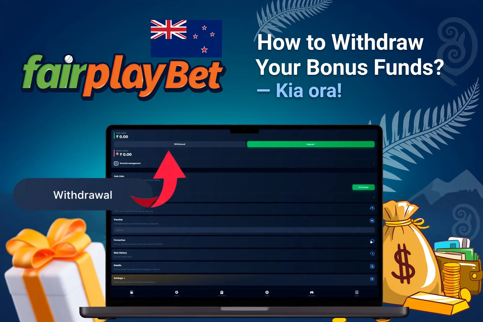 Laptop screen showing Fairplay Bet withdrawal options with money bags and gift boxes in the background