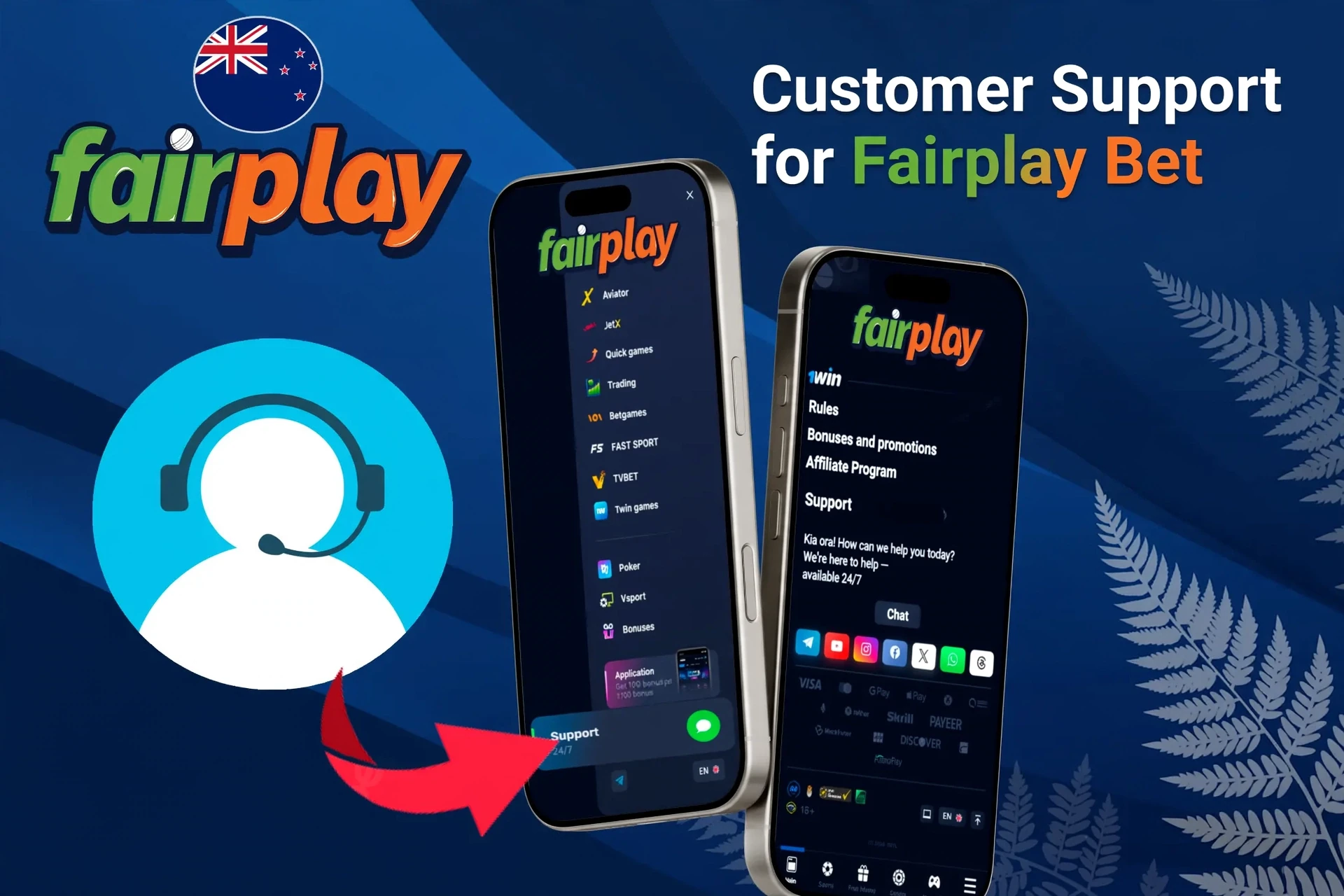 Customer support feature for Fairplay Bet, highlighting options for contacting support through the platform
