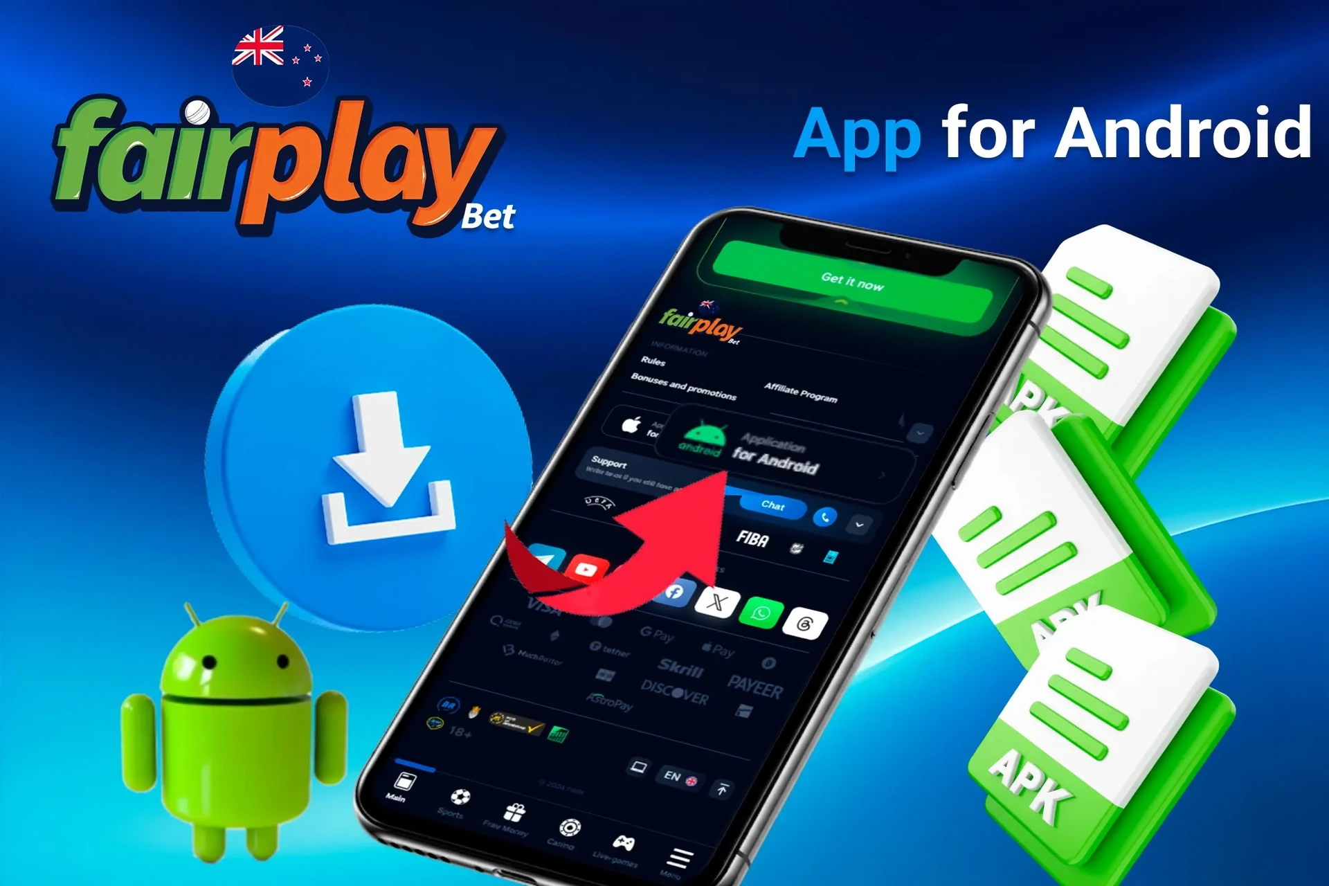 Android app download steps showing APK icons and Android mascot for Fairplay Bet