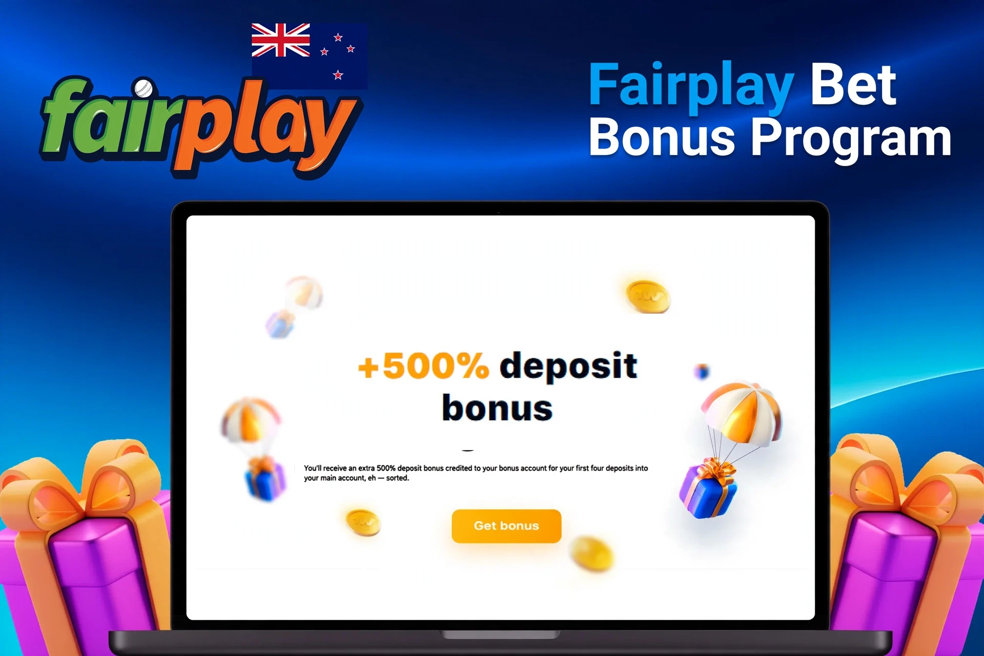 Laptop showing bonus offer of +500% deposit bonus with floating coins and gifts