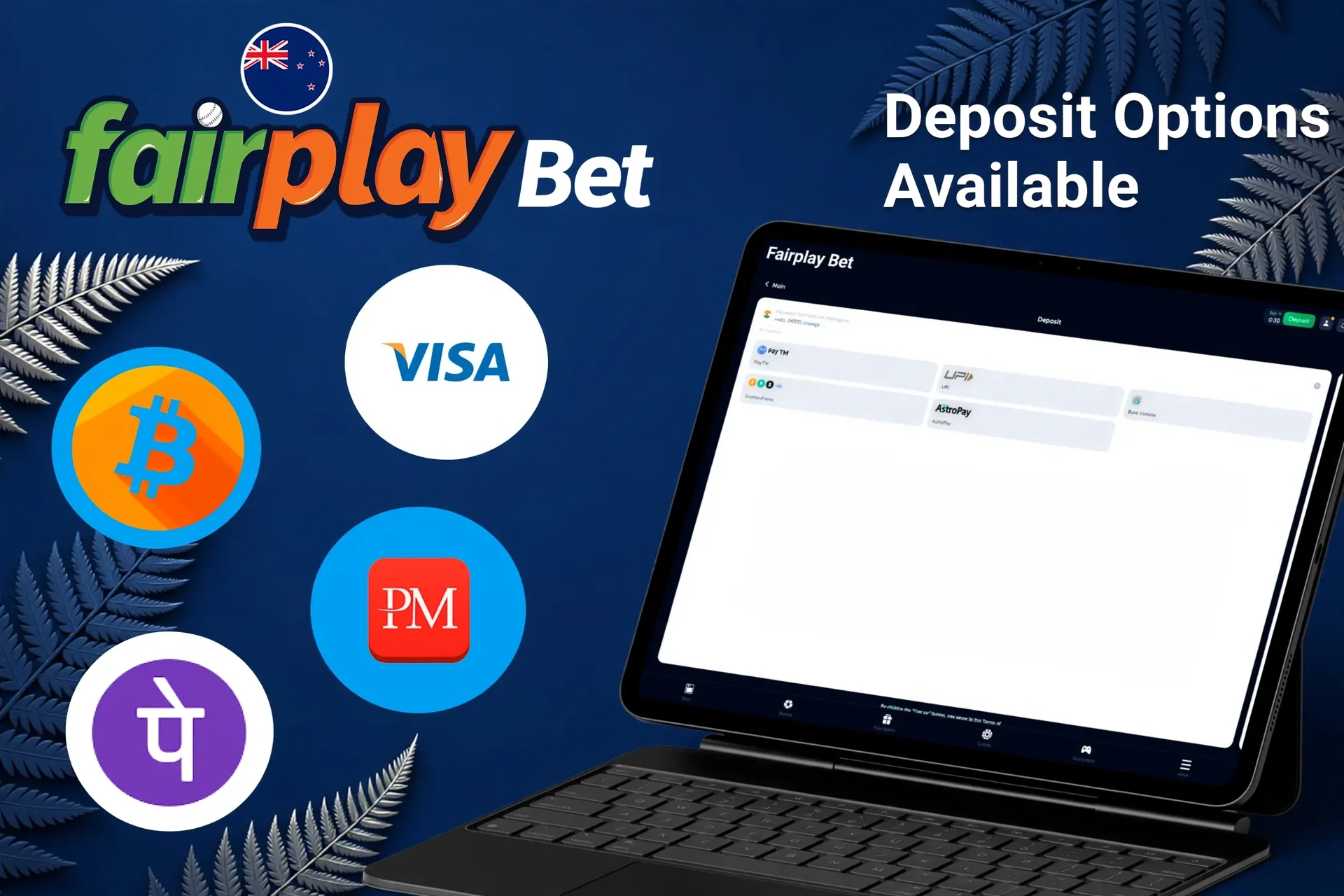 Deposit options available on Fairplay Bet platform, including Visa, Mastercard, Apple Pay, and Google Pay, displayed on a tablet