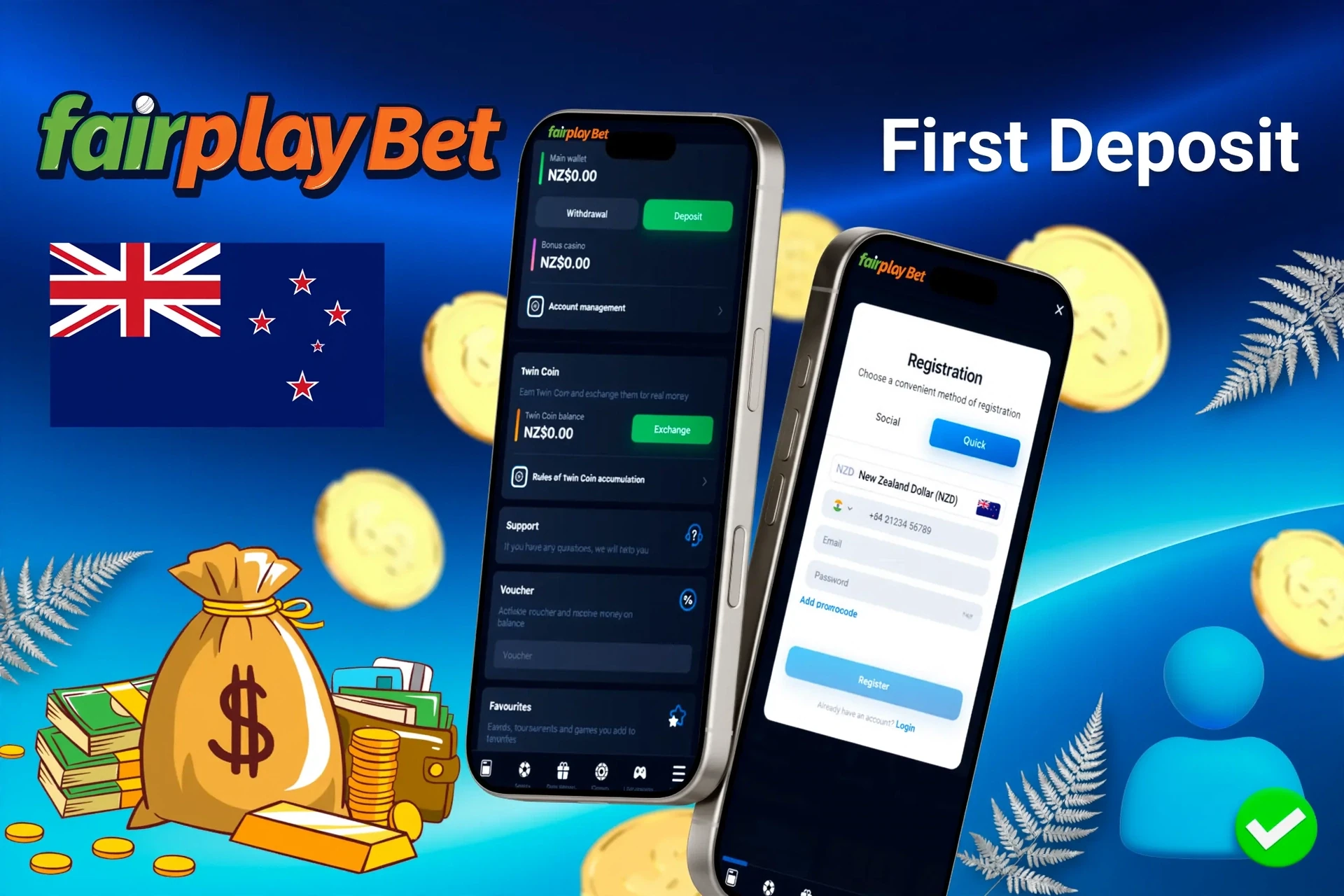 mobile interface showing steps to make the first deposit, with icons for payment options and bonus registration