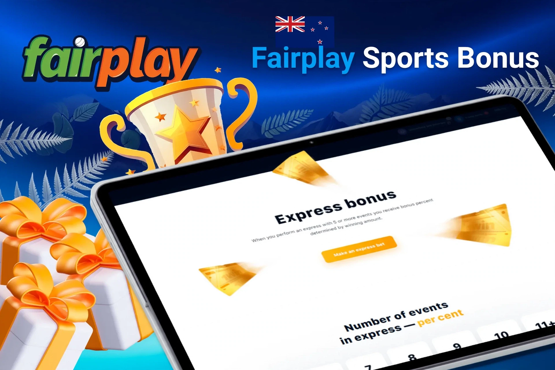 Tablet screen with express bonus offer for sports betting from 1Win, with trophy and gift boxes.