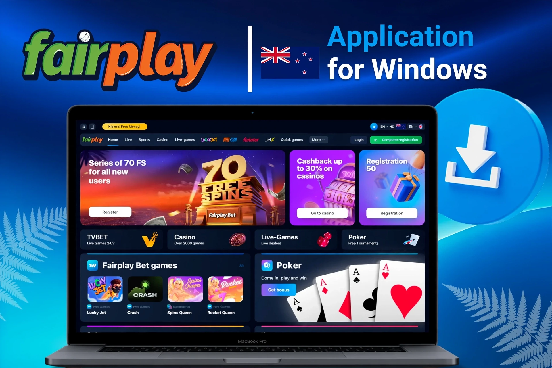 Windows application download instructions for Fairplay Bet showing a promotional banner