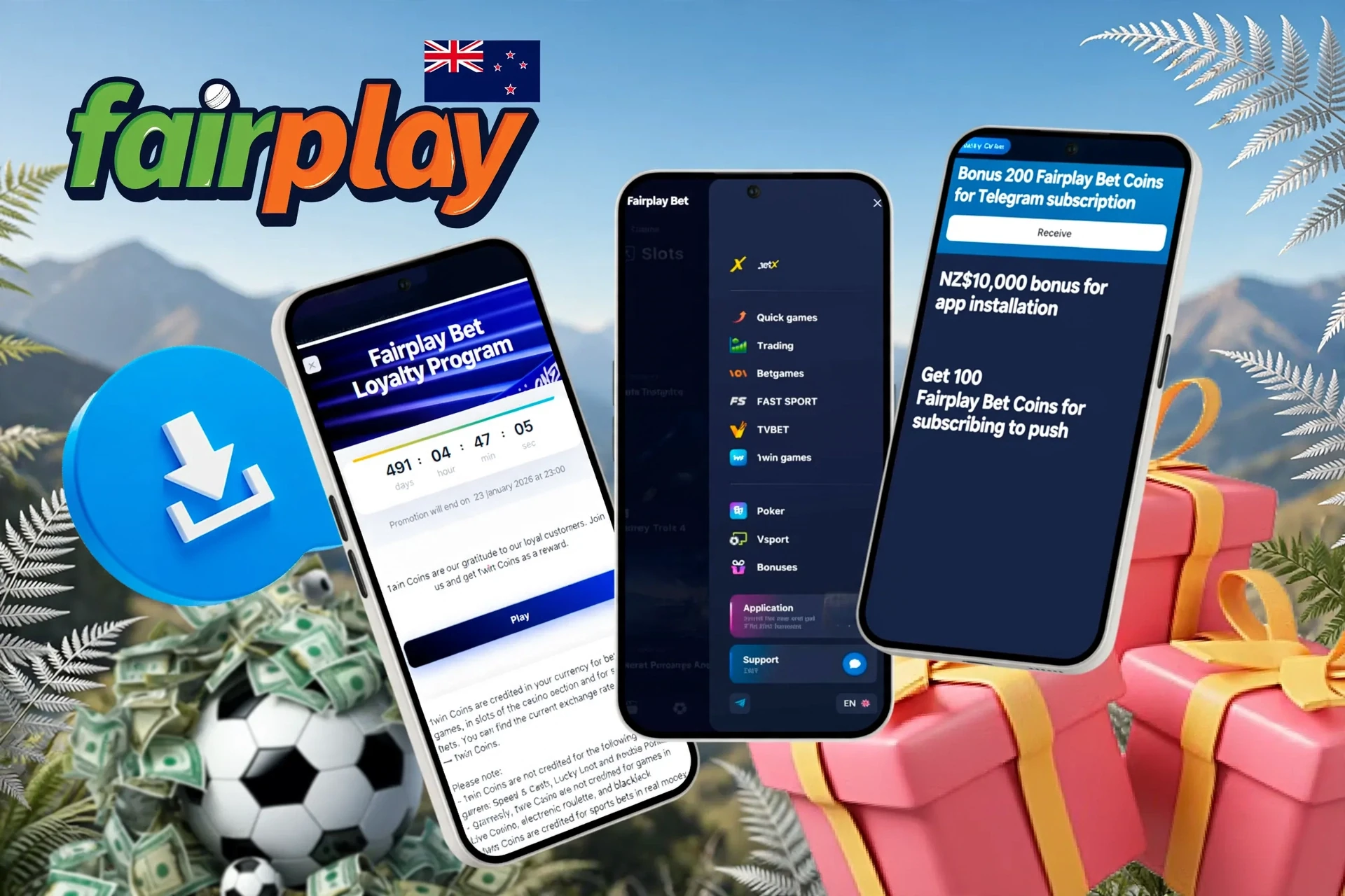Mobile screens showing loyalty program, app installation bonus, and football icon with download button