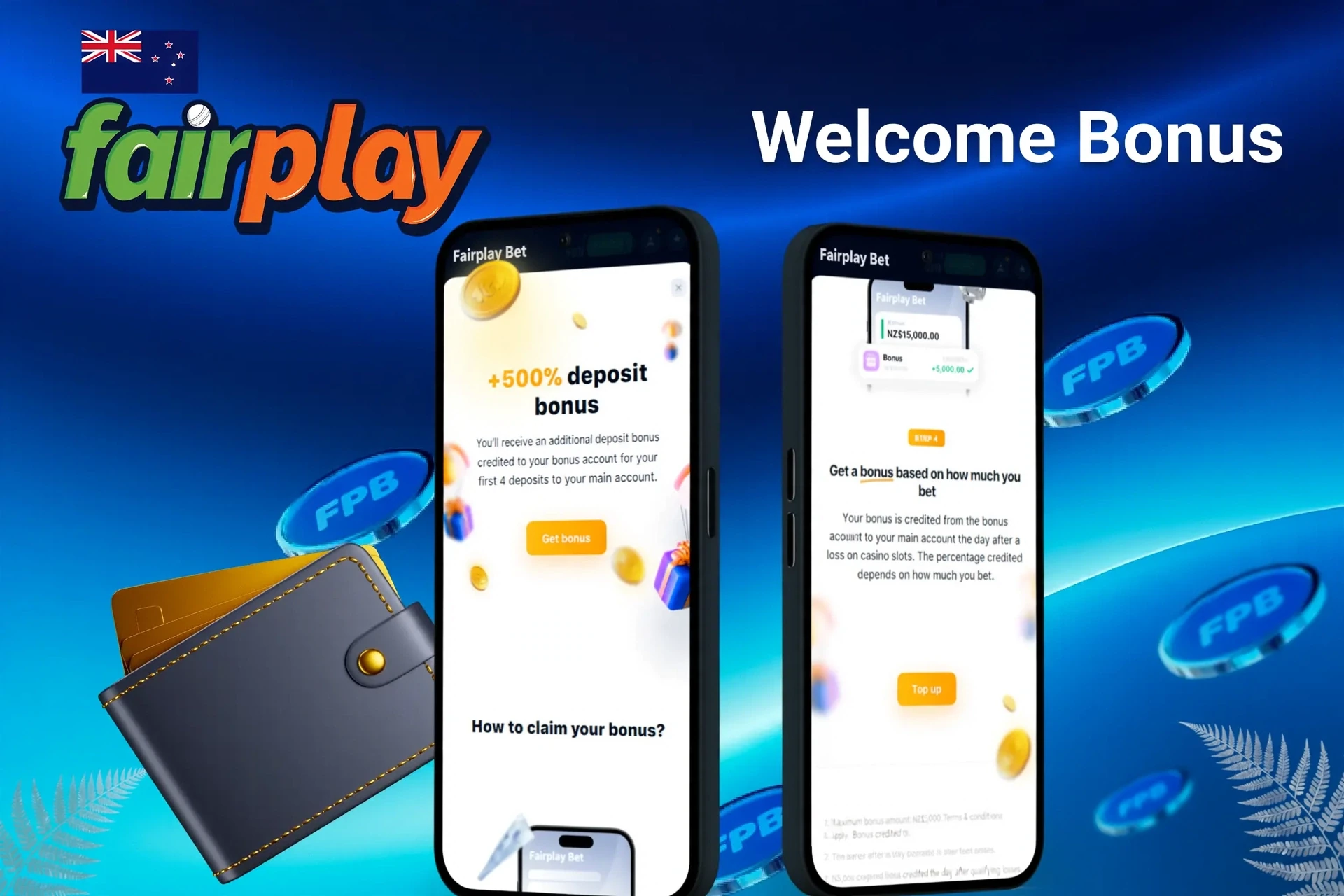 Fairplay Bet welcome bonus screen with +500% deposit bonus for first four deposits, displayed on two mobile screens