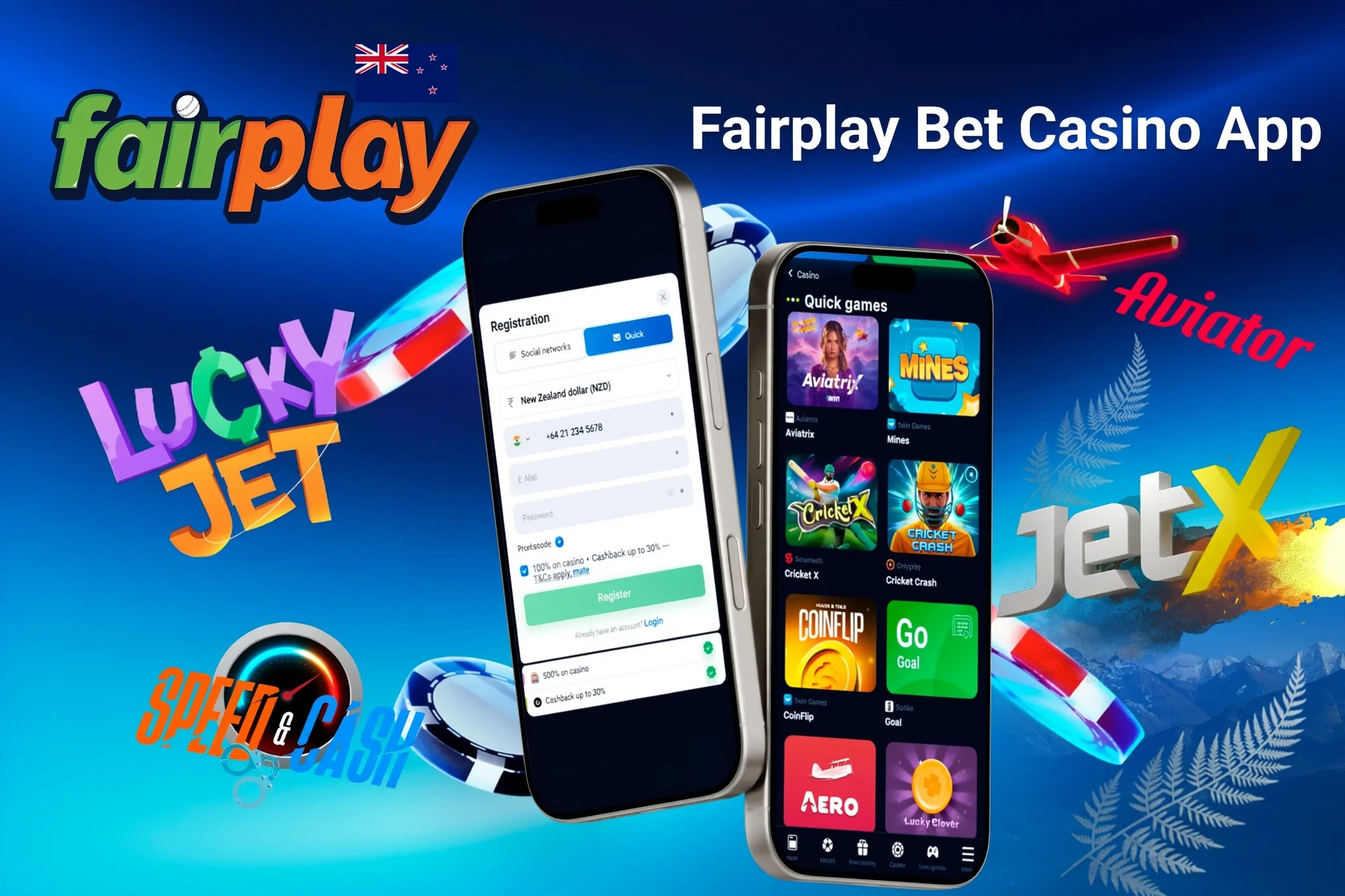 Fairplay Bet Casino app registration screen with quick games like Aviatrix and JetX