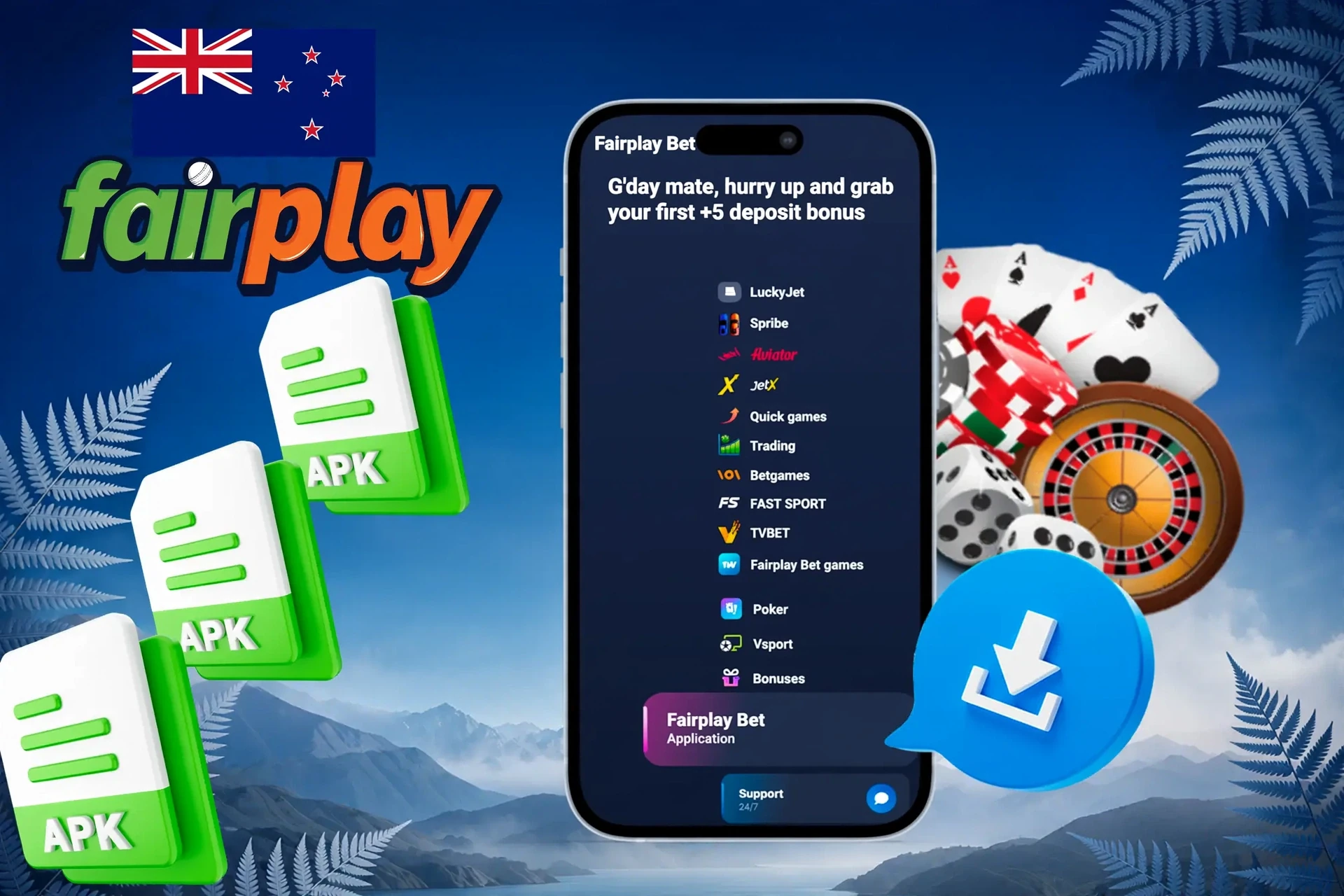 Fairplay Bet mobile interface with icons and casino chips illustrating mobile access to Fairplay Bet games