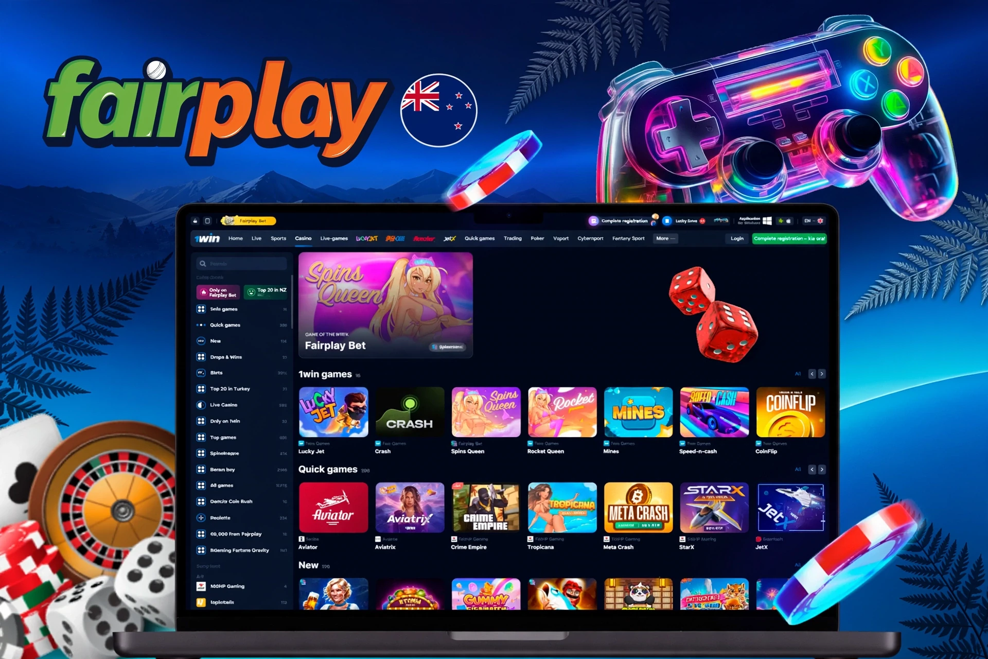 app interface showing a variety of games with a vibrant game controller icon for Fairplay Bet
