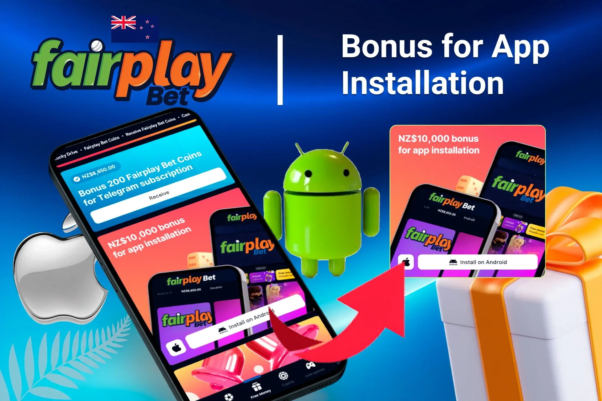 Fairplay Bet bonus offer for app installation on mobile with Android and Apple logos, and gift boxes