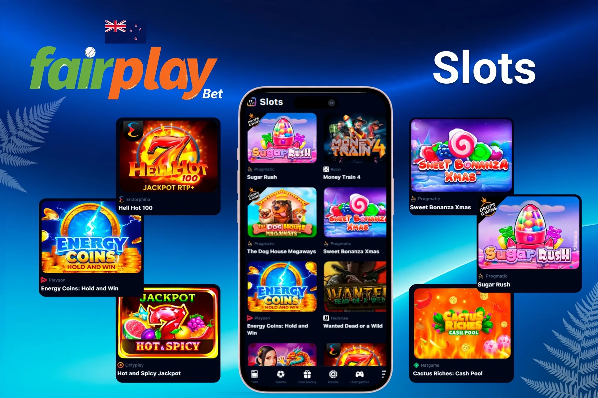 Slot titles such as Sugar Rush, Energy Coins and Hell Hot 100 displayed on mobile and desktop