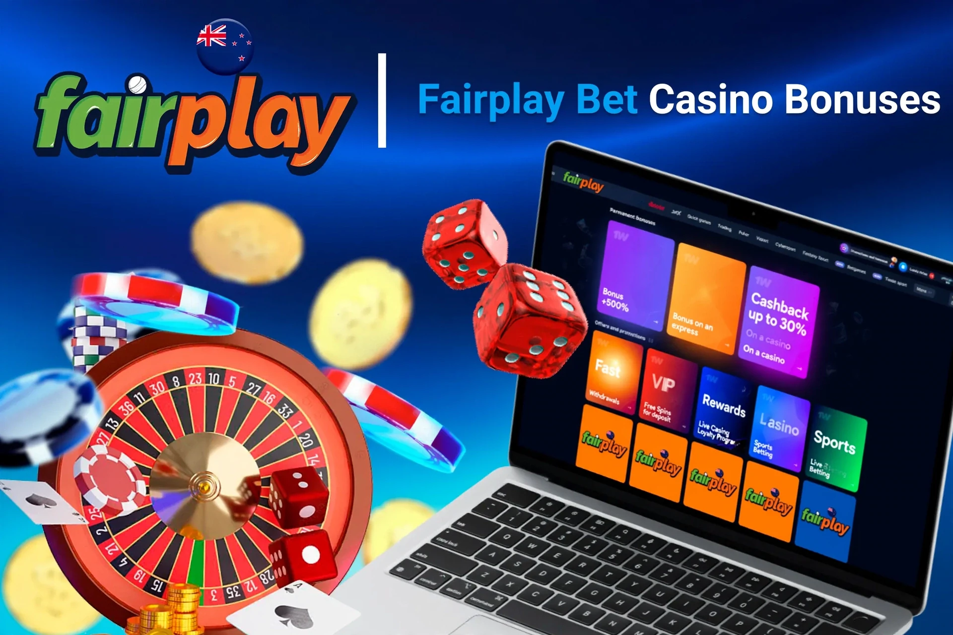 Laptop screen showing various Fairplay Bet casino bonuses with roulette, dice, and poker chips