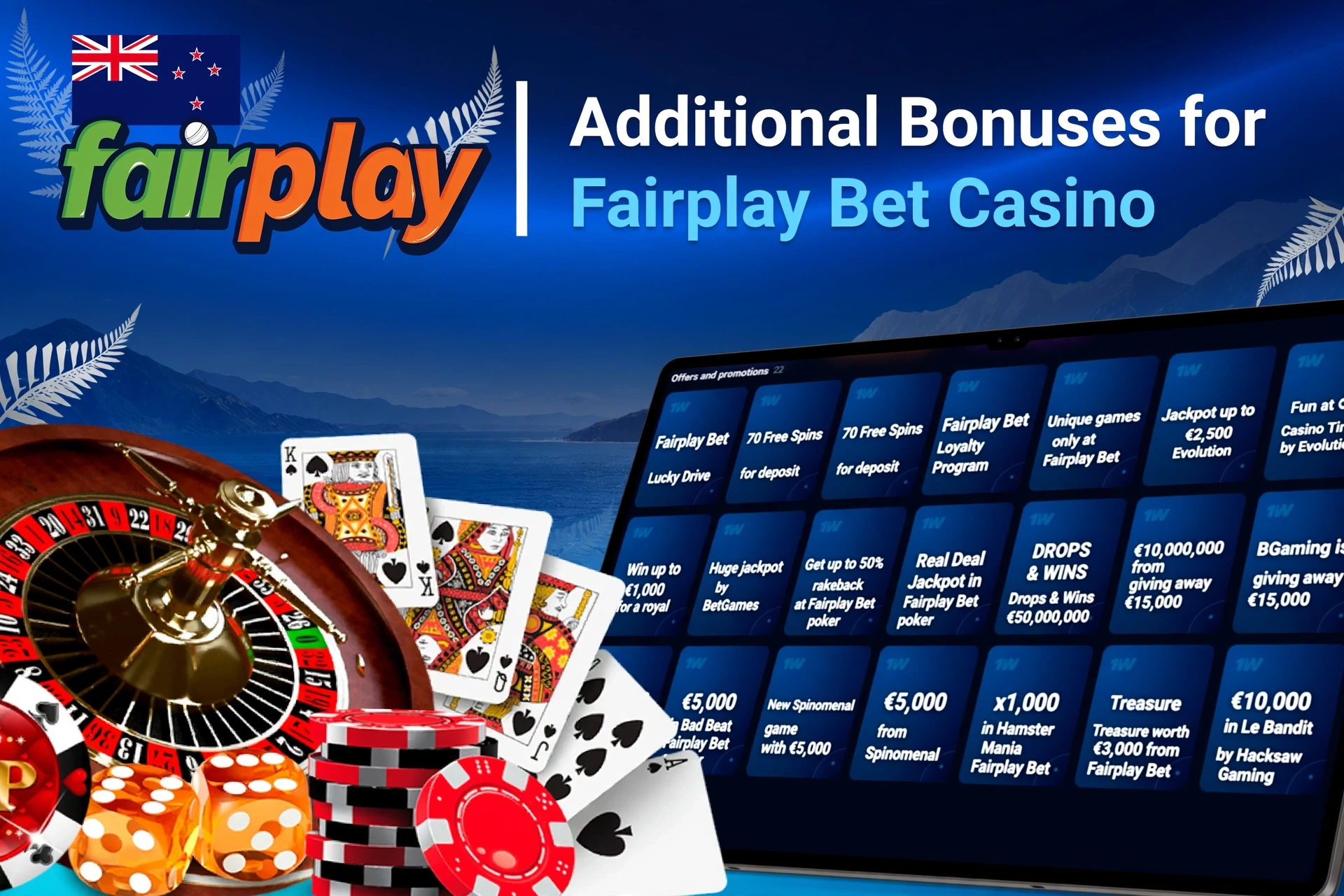 Mobile app showing casino game offers like loyalty program and free spins with poker chips and cards