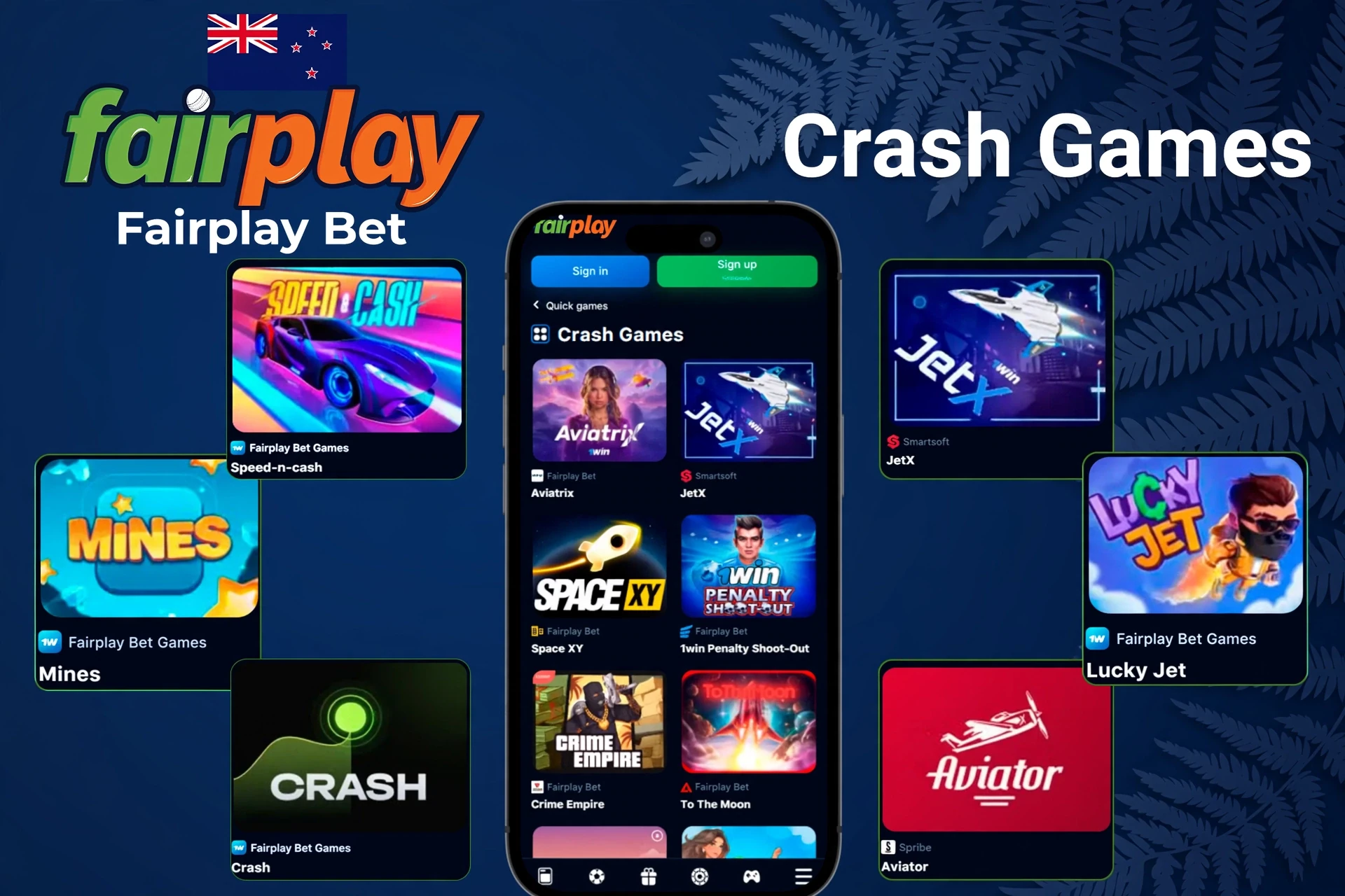 Crash games such as Mines, Speed-n-Cash, JetX and Lucky Jet shown on a mobile interface